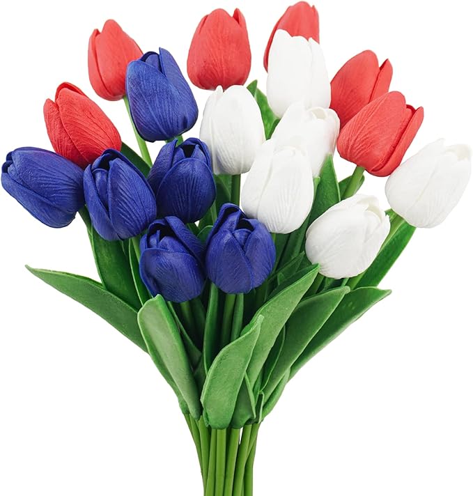 18 Pcs Real Touch Tulips Artificial Flowers, Patriotic Flower for 4th of of July Decoration Cemetery Flowers for Grave Vase Memorial Day Independence Day Decor