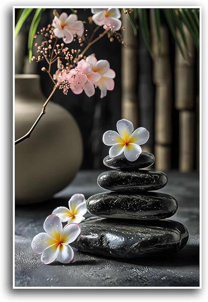 A harmonious black stone stack paired with white and pink flowers bamboo and ceramic vases creates a tranquil Zen decor for minimalist homes and mindful spaces 16x24in Frameless