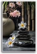 A harmonious black stone stack paired with white and pink flowers bamboo and ceramic vases creates a tranquil Zen decor for minimalist homes and mindful spaces 8x12in Frameless