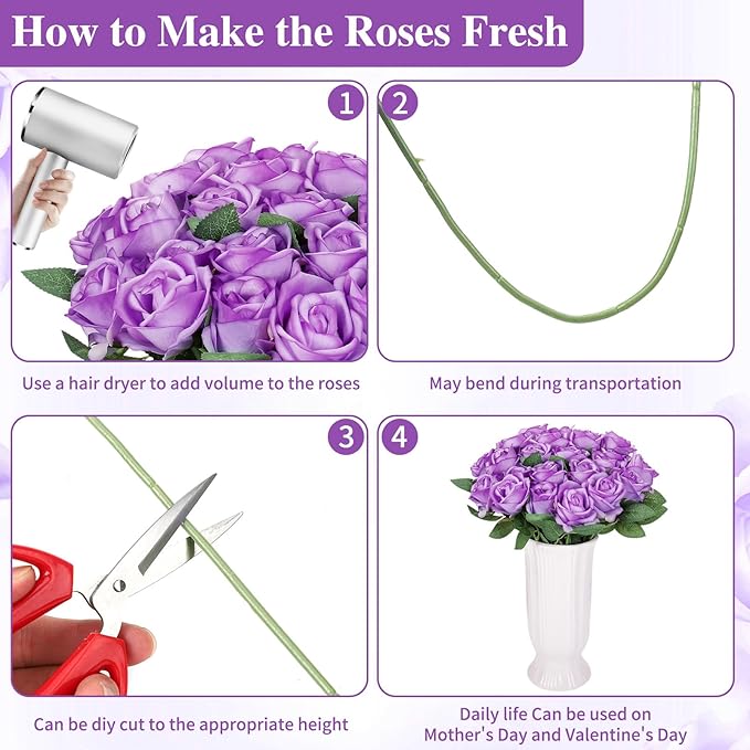 80 Pcs Roses Artificial Flowers, Silk Light Purple Artificial Flowers Petals Long Stem Roses for Wedding Bouquet Home Party Decor