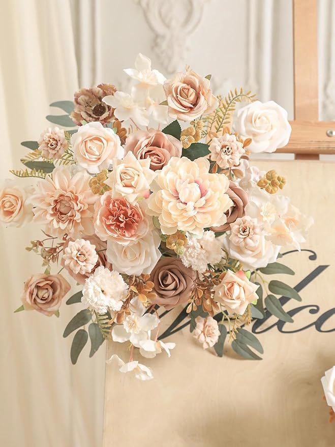 Artificial Flowers Combo Fake Roses Silk Flowers with Stems for DIY Wedding Bridal Bouquets Table Centerpieces Cake Birthday Baby Shower Wedding Anniversary Home Decorations(Champagne Nude)