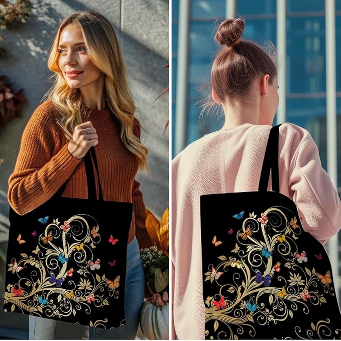 Decohim Floral Butterfly Canvas Tote Bag Boho Canvas Bag with Pocket for Work Office Women Girl Christmas Birthday Gifts