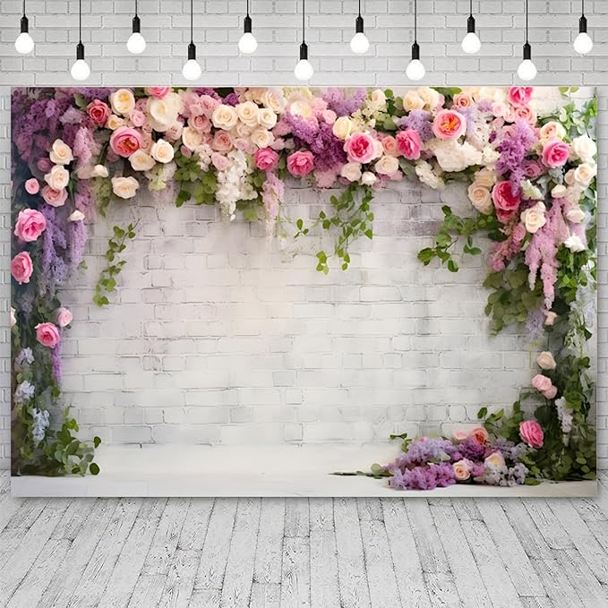 15x8ft Retro White Brick Wall Floral Backdrop Vine Leaves Rose Flowers Photography Background Bridal Shower Wedding Party Birthday Banner Decorations Adults Portrait Photo Booth Prop