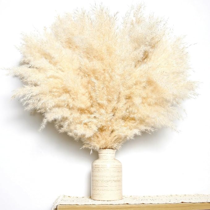 10 PCS Beige Pampas Grass Decor, Naturally Dried Pompas, Bunny Tails Dried Flowers, and Dried Eucalyptus. Perfect for Weddings, Boho Party Decorations, and Table Decor(17inch)