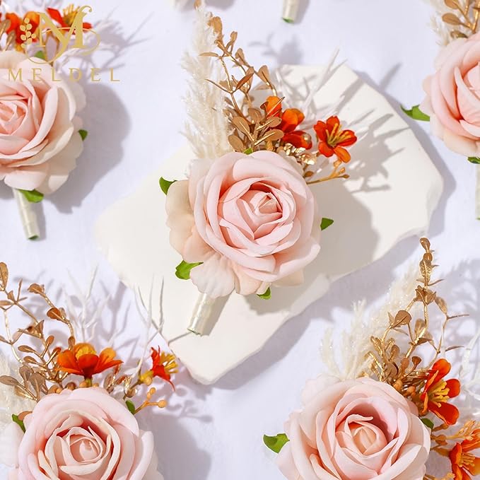 Meldel Pink Velvet Rose Boutonniere for Men,Set of 6,Groom and Best Man Boutonnieres with Artificial Flower,for Wedding Ceremony Anniversary, Formal Dinner Party, Fall Vintage Rustic Marriage Prom