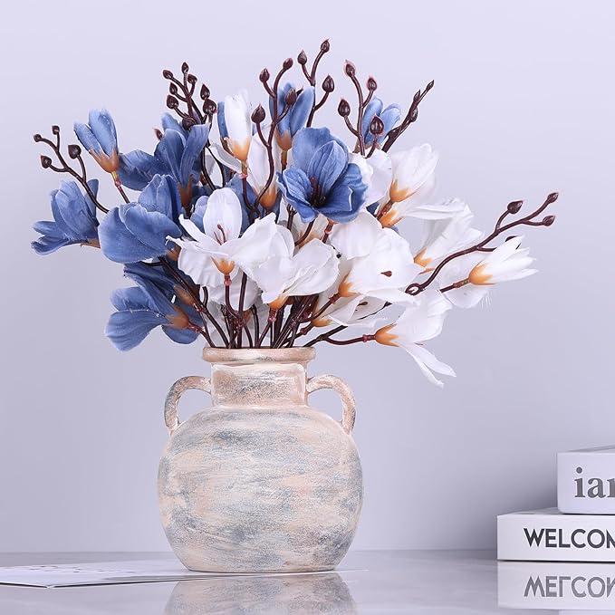 5.9in Rustic Ceramic Farmhouse Flower Small Vase, Beige Terracotta Pottery Decorative Vases Distressed, Round Vases with Handles for Home Wabi Sabi Coffee Table Entryway Decor or Kitchen Utensils