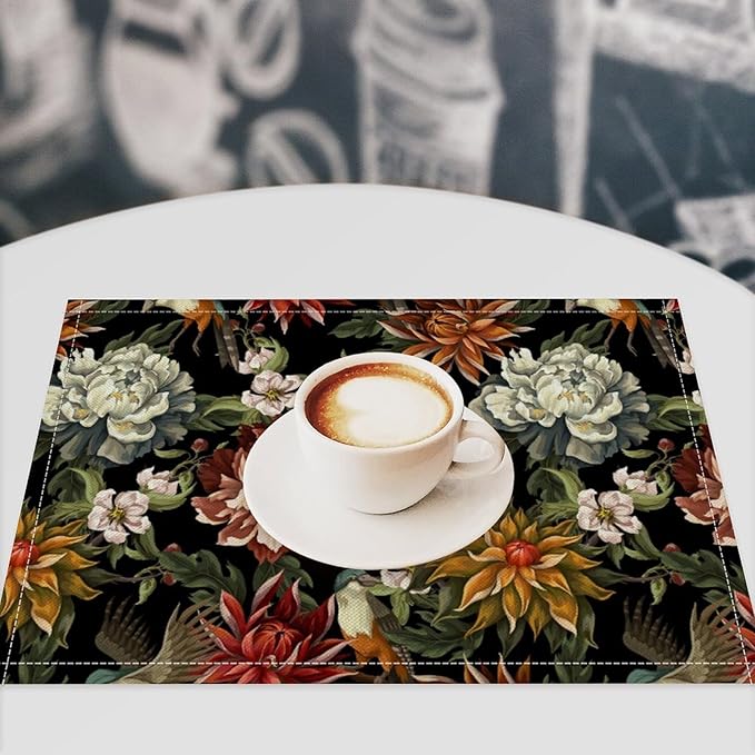 Vintage Floral Placemats Set of 6, 17x12 Inch Colorful Flowers Birds Green Leaves Black Retro Aesthetic Art Print Table Mats for Home Party Kitchen Dining Decor