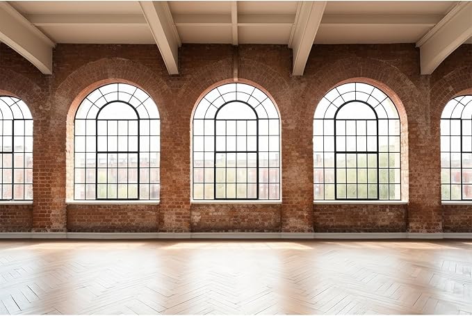 Large Empty Room Backdrop Concrete Walls Wooden Floor with Big Arched Windows Photography Background Empty Loft Style with Brick Wall Photography Decorations Photo Booth Shoot Studio Props 20x10ft