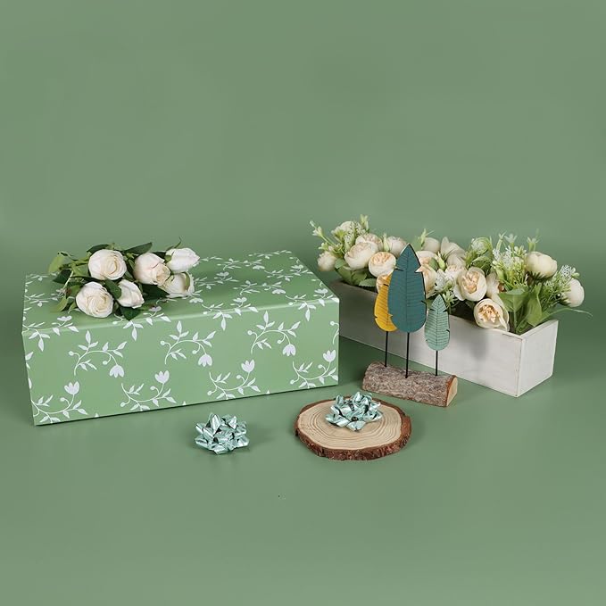 Green Leaves Gift Box with Magnetic Lids 13.8x8.3x4.4 in, Large Bridesmaid Proposal Boxes, Rectangle Wedding Decorative Storage Box 5 Pack
