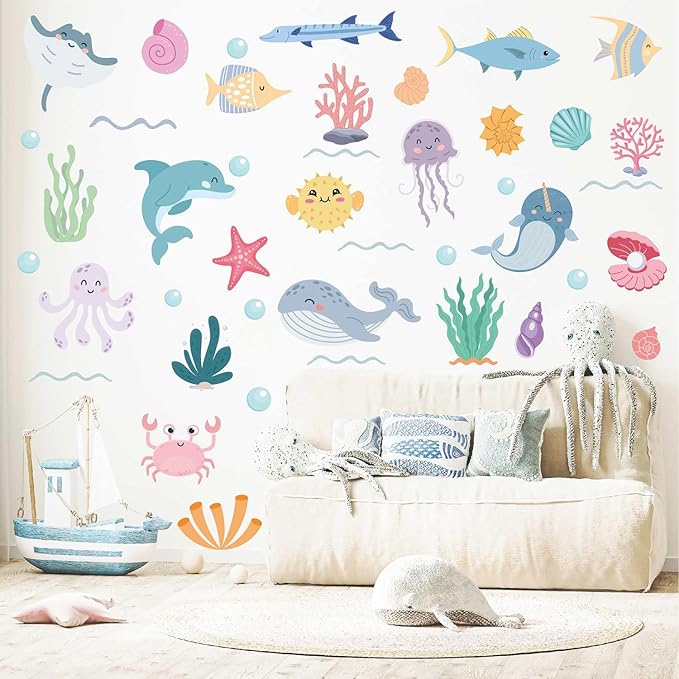 58Pcs Ocean Adventure Wall Stickers - Removable Under The Sea Nursery Decor, Peel & Stick Marine Animal Wall Decals for Kids' Bedroom & Playroom