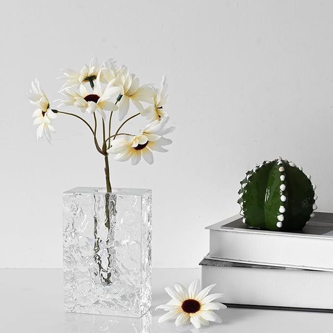 Crystal Flower Vase with Glacial Texture,Heavy Duty Large Clear Vase for Dining Table Kitchen Office Home Shelf Display Wedding Living Room Centerpieces