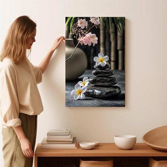A harmonious black stone stack paired with white and pink flowers bamboo and ceramic vases creates a tranquil Zen decor for minimalist homes and mindful spaces 16x24in Frameless