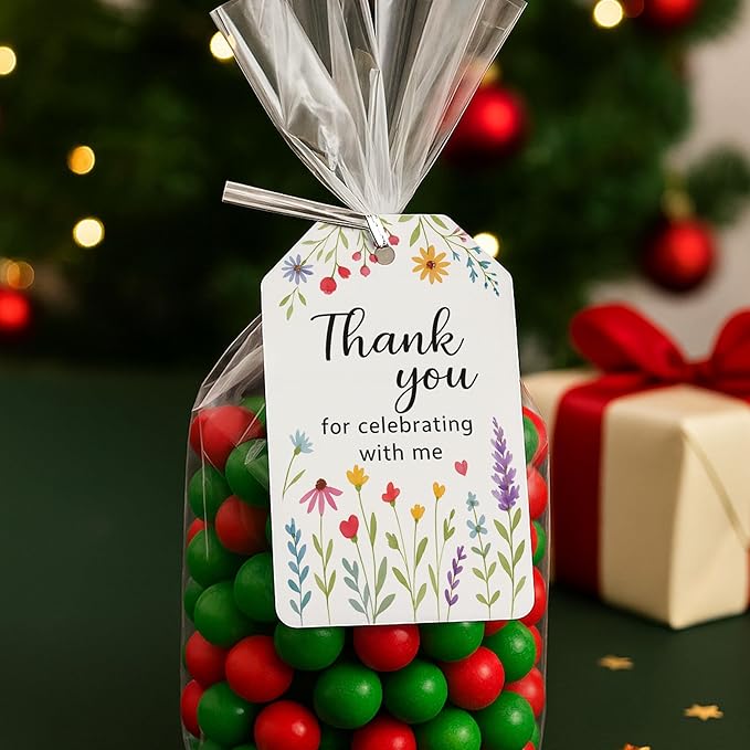 40 PCS Floral Thank You for Celebrating with Me Birthday Tags, Pastel Wildflower Favor Tag, Spring Baby in Bloom Shower Thank You Favor Tag, Floral Birthday Party Tags, 2x3.5