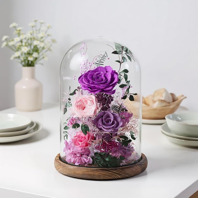 Flowers for Delivery Preserved Flowers Rose in Glass Dome,Purple Rose Forever Flowers Birthday Gifts for Women Mom Grandma Friend Gifts for Her,Home Decor