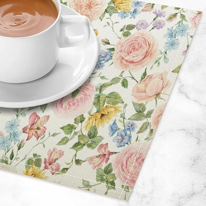 Colorful Floral Placemats Set of 6, 17x12 Inch Watercolor Spring Botanical Aesthetic Wildflower Nature Rustic Art Printed Table Mats for Home Party Kitchen Dining Decor