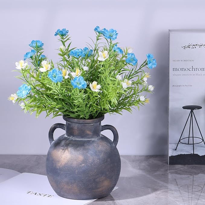 5.9in Rustic Ceramic Farmhouse Flower Small Vase, Black Terracotta Pottery Decorative Vases Distressed, Round Vases with Handles for Home Wabi Sabi Coffee Table Entryway Decor or Kitchen Utensils