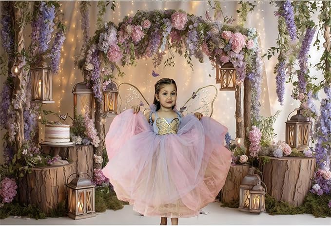 Baocicco Purple Flowers Wall Backdrop 8x6.5ft Rustic Style Wooden Arch Door Butterfly Background Photography Rural Wedding Baby Shower Birthday Party Banner Supplies Anniversary Decorations Props