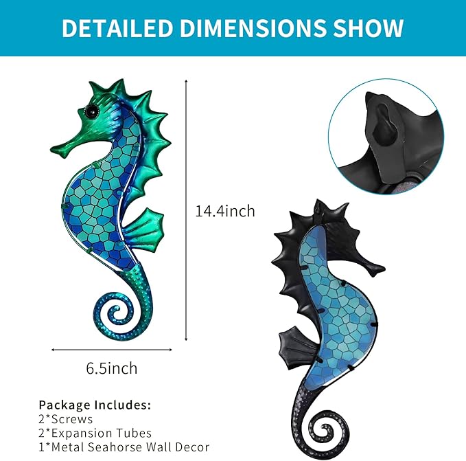 LIFFY Metal Seahorse Wall Art Mosaic Glass Ocean Wall Decor Coastal Sculpture Hanging Decoration for Home Garden Fence Pool Beach Bathroom
