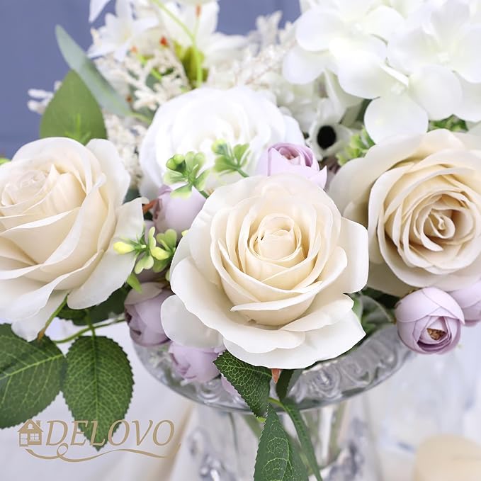 52pcs Beige Roses Artificial Flowers Fake Flowers Silk Roses with Stems for DIY Wedding Bouquets Bridal Shower Centerpieces Arrangements Party Decorations