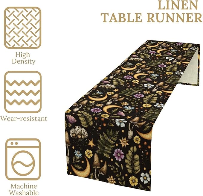 Vintage Mushroom Table Runner, Rustic Botanical Flowers Fern Moon Star Print Table Runner for Home Kitchen Dining Table Decoration Indoor Outdoor Party, 13x36inch