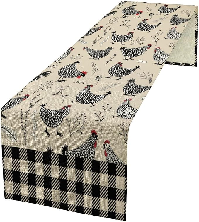 Farmhouse Rooster Table Runner Vintage Farm Funny Chicken Flower Dinner Runner for Country Farmhouse Home Kitchen Dinner Table Holiday Party Decoration 13x108in
