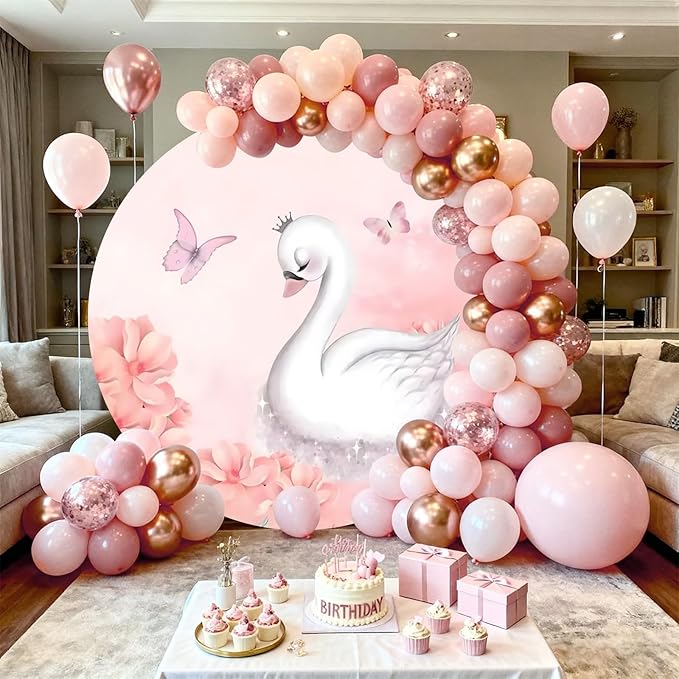 AOFOTO Swan Round Backdrop Pink Floral Butterfly Print Photography Background for Baby Shower Women Newborn Girls Birthday Party Banner Home Wall Decor Photo Studio Booth Props 3.3x3.3ft