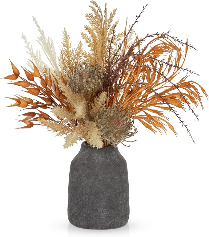 Hollyone Faux Fall Pampas Grass Decor with Vase, Artificial Pampas Grass Flowers Bouquet Plant in Ceramic Vase Fluffy Boho Home Fall Decor Fake Pompass Pompous Grass Autumn Floral Arrangement