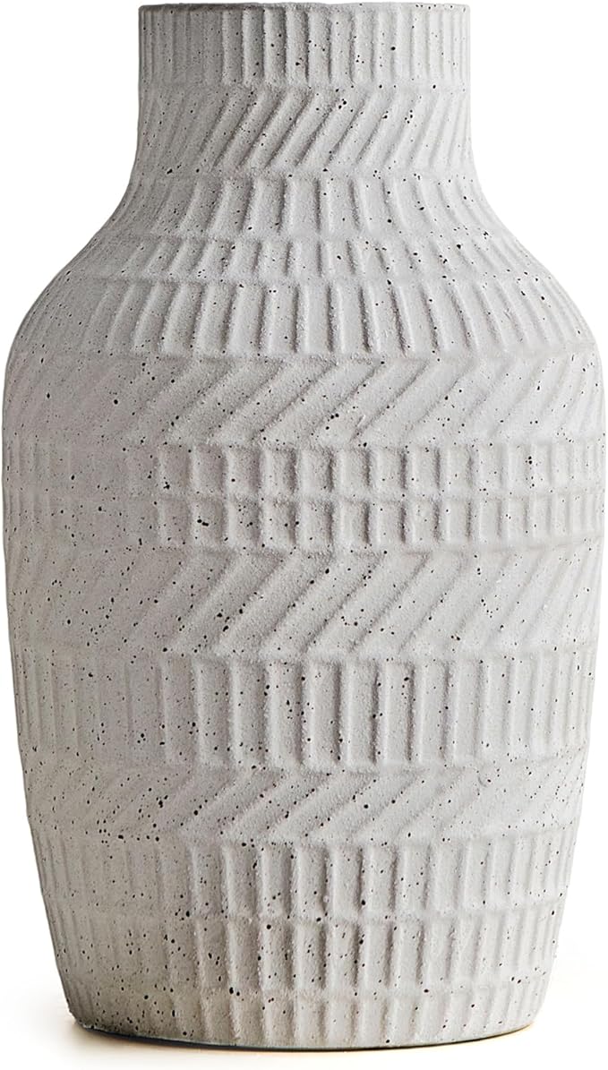 Modern White Ceramic Vase, Boho Flower Vases for Decor, 5.1" W x 8.7" H Modern Vase with Textured Pattern Table Centerpiece for Living Room Office Bedroom (Matte White Vase)