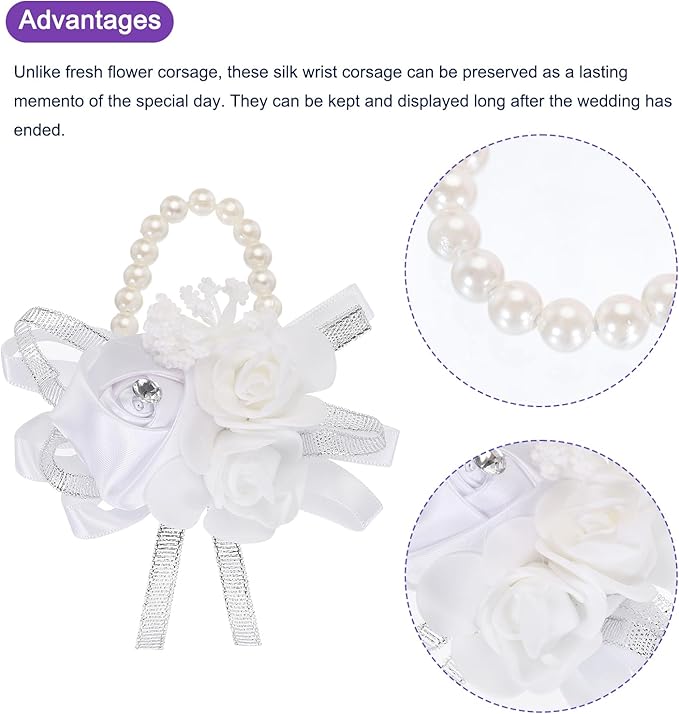 MECCANIXITY 12Pcs Wrist Corsage Artificial Flower Bracelets Rose Wrist Bride Groom Decorative for Wedding Ceremony Prom Party Anniversary White