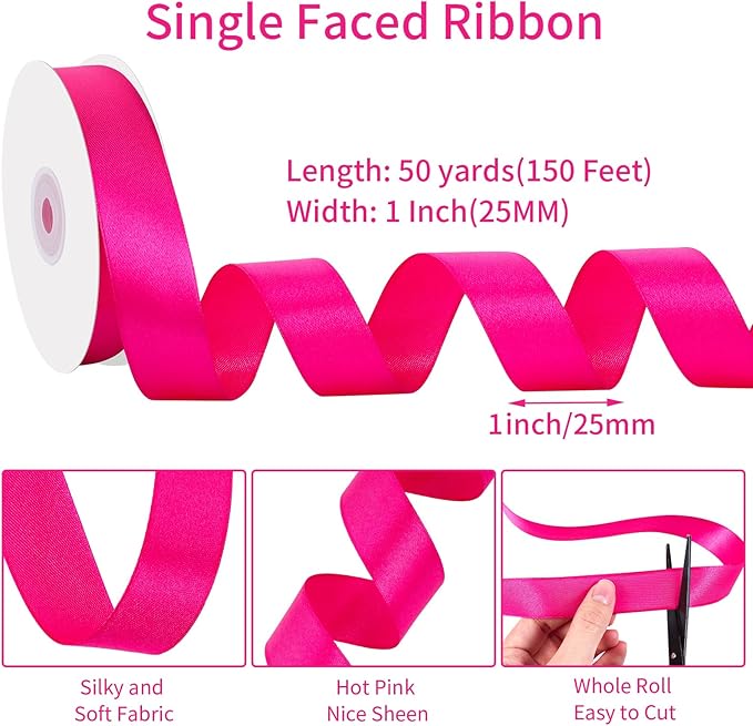 Hot Pink Ribbon 1 Inch 50 Yards Pink Satin Ribbon for Christmas Decor Bows Crafts Gift Wrapping Flower Bouquet Wedding Holiday Decorations