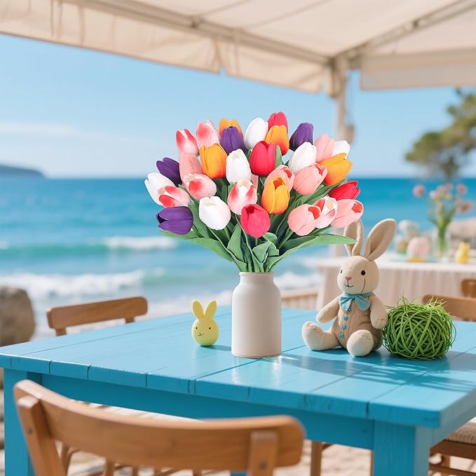 5 Color 20pcs Tulips Artificial Flowers for Real Touch Fake Tulips Slik Faux Flowers for Summer Wedding Bouquet Easter Mother's Day Home Decor (14 Inch)