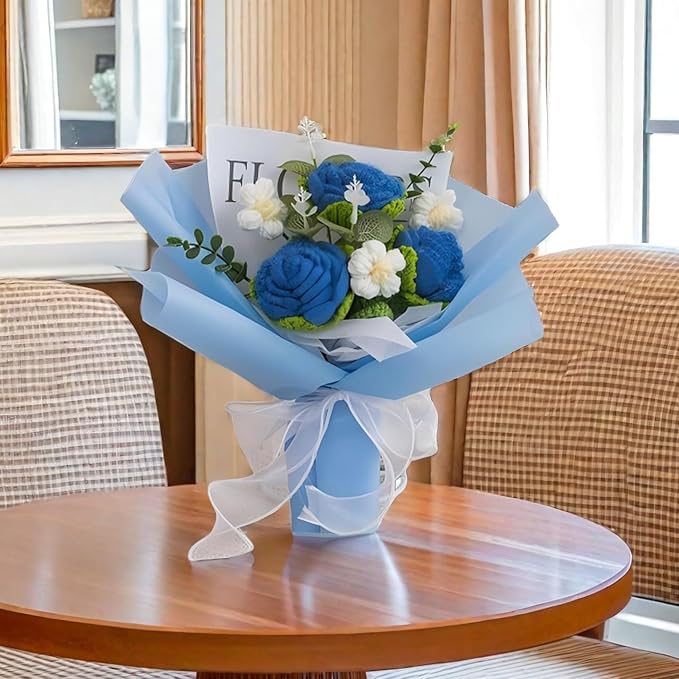 Crochet Rose Bouquet Crochet Flowers Bouquet Handmade Knitted Rose Flowers Present for Valentine's Day Wedding Anniversary Christmas New Year(Medium-Blue Rose)