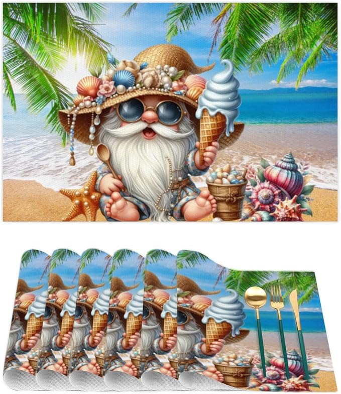 PVC Placemats Set of 6 Summer Gnomes Cute Wipeable Table Mats Washable Heat Resistant Non Slip Vinyl Dining Table Mat for Kithen Indoor Outdoor Patio Farmhouse Place Mats Decorative