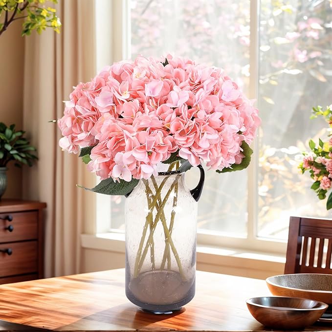 Kimura's Cabin 6pcs Pink Fake Hydrangea Flowers Artificial Silk Hydrangea Bouquets Faux Hydrangea with Stems for Wedding Home Party Table Core Decoration (Pink, Pack of 6)
