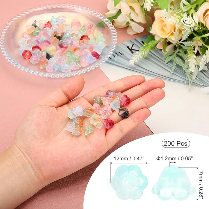 PATIKIL Glass Trumpet Flower Beads, 200 Pcs Gradient Flower Bead Charm for Jewelry Making DIY Craft, Bracelets, Earrings, Necklaces Decorations, Cyan