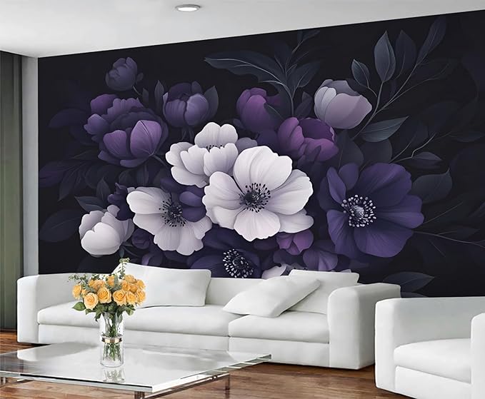 Dark Peony Floral Wall Mural, Purple and Black Flower 3D Wall Murals, Luxury Botanical Wallpaper Mural, for Living Room Bedroom Large Wallpaper Indoor Decor 177.16" W x120 H
