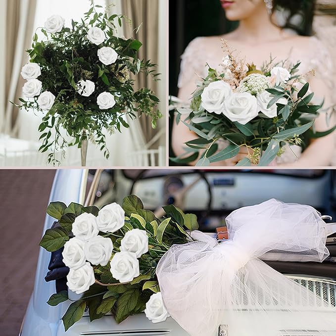 Artificial Flowers White Roses 100PCS Real Looking Foam Fake Roses with Leaves and for DIY Wedding Bouquets Bridal Shower Centerpieces Party Decorations (White, 100)