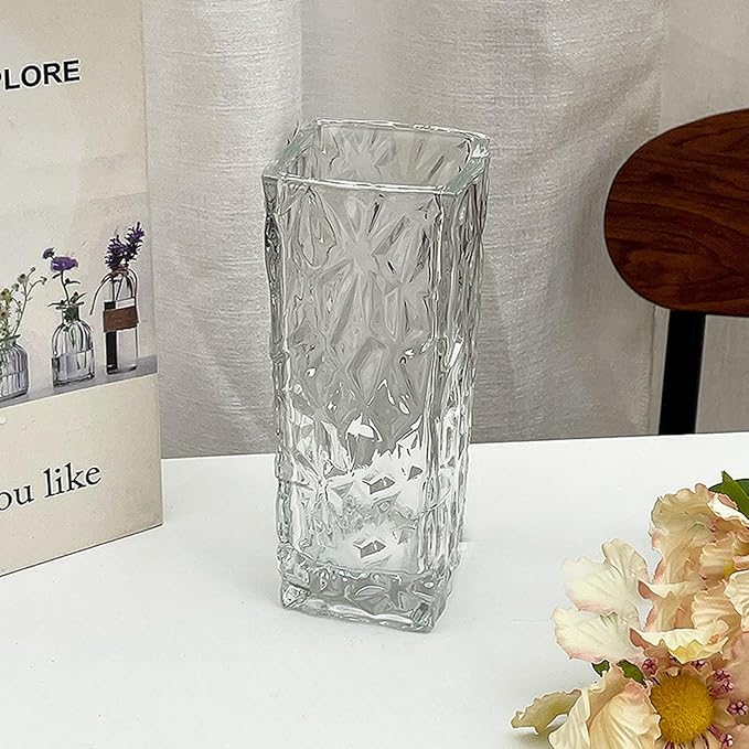 Clear Glass Vase for Flowers Esmiome Square Embossed Rectangle 6in High Glass Bud Vases Small Vase for Flowers Plant Terrarium Candle Holder Water Glasses for Wedding Centerpiece Office Table,IcePlate