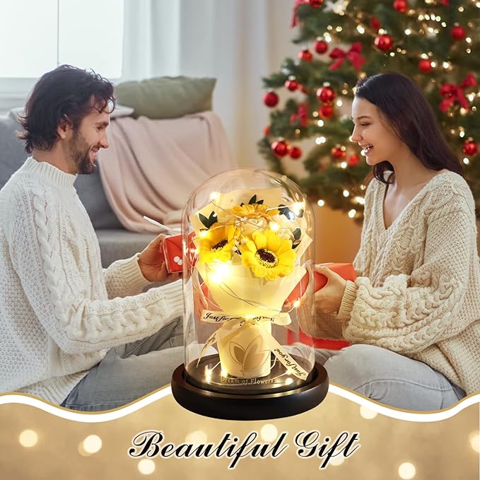 Christmas Sunflower Gifts for Her,Flower Rose in Glass Dome with 2 Lighting Mode,Sunflower Gifts for Mom,Artificial Forever Flowers Xmas Birthday Gifts for Women Mom Wife Girlfriend Sister Friend