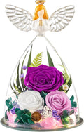 Gifts for Women Forever Flowers Preserved Rose in Glass Angel Figurine Real Colorful Roses Birthday Gifts for Her Grandma Sister Daughter Wife, Purple