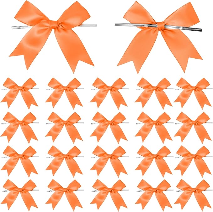 50 Counts Orange Twist Tie Bows 3.1" Pre-Tied Satin Ribbon Bow Decor Mini Twist Tie Bows for Gift Wrapping Treat Bags Cake Bridal Baby Shower Birthday Party Favors Wedding Decorations