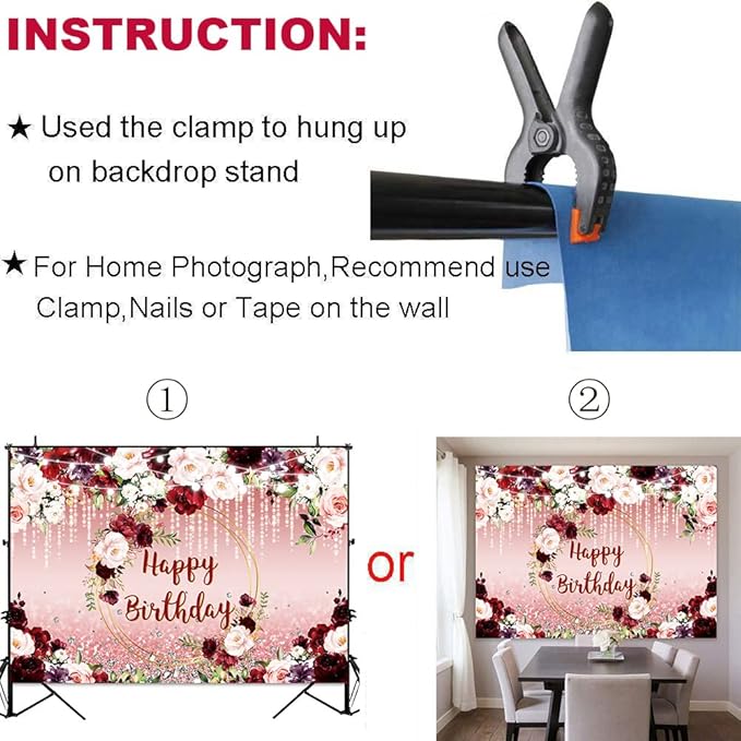 Sensfun Floral Happy Birthday Backdrop Burgundy Flowers Rose Gold Glitter Bokeh Spots Photo Background Vinyl Women Birthday Party Cake Table Decorations Photoshoot Banner (7x5ft)