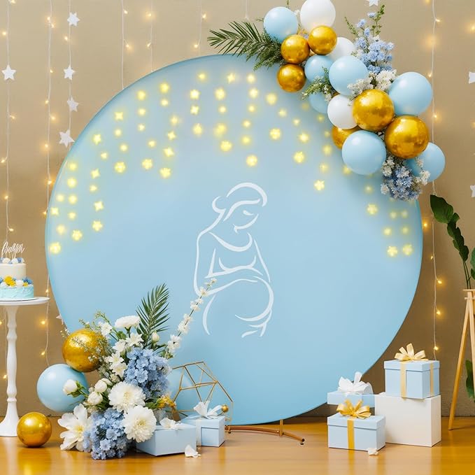 7.2 FT Baby Blue Round Backdrop Cover with Lights String for Circle Arch Stand, Circle Backdrop Covers with LED Fairy Lights for Wedding Baby Shower Boy Birthday Party Photo Shoot Background