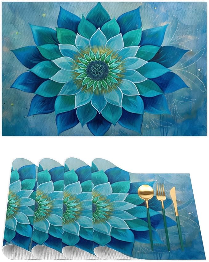 Teal Flower Mandala Placemats Set of 6 PVC Vinyl Non Slip Table Mats Waterproof Heat Resistant Place Mats Washable Wipeable Dining Table Mat for Kitchen Party Indoor Outdoor Decorative