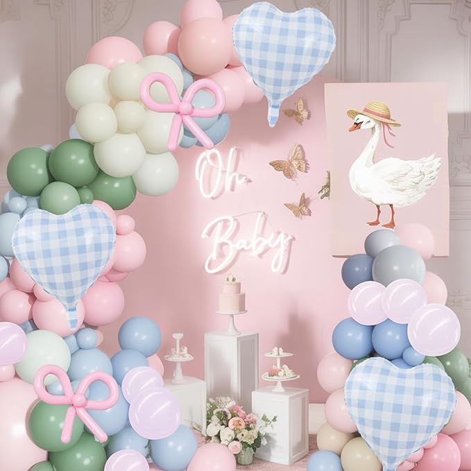 Silly Goose Balloon Arch Kit, Pink Blue Green Latex Balloon Garland Kit Gingham Heart Foil Balloons for Boys Girls Goose Birthday Baby in Bloom Baby Shower Floral Fairy Wildflower Party Decorations