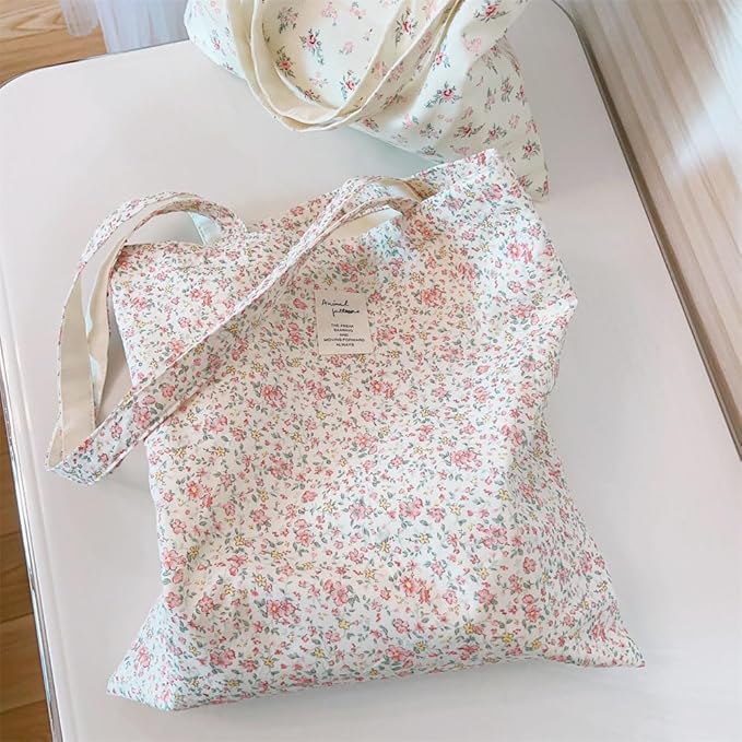 Cotton Canvas Tote Bag Reusable Soft Grocery Cloth Bag Floral Shoulder Bag for Beach Travel Shopping