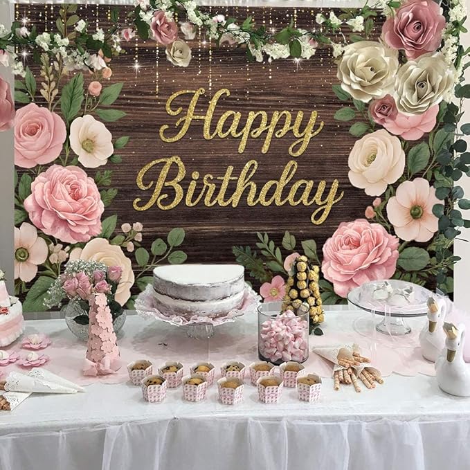 Wooden Floral Birthday Backdrop Pink and Gold Rustic Wood Birthday Party Background Girls Women Cake Table Favors Flowers Bday Cake Smash Photo Booth Banner with Copper Grommet