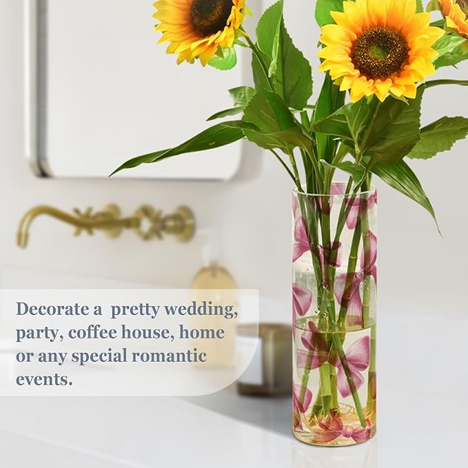 Flower Vase Clear Plastic Cylinder Vases Decor for Centerpieces Home Storage Office Weddings Deep Pink Ribbon Bows 11.8 x 3.9 in