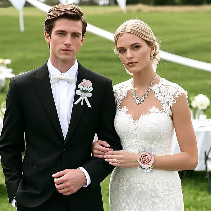 2Pcs Dust Pink Rose Corsage and Boutonniere Set, Artificial Wrist Corsage Wristlet Bracelets, Men Boutonniere for Wedding Anniversary Party Homecoming Flowers Accessories Prom Decor