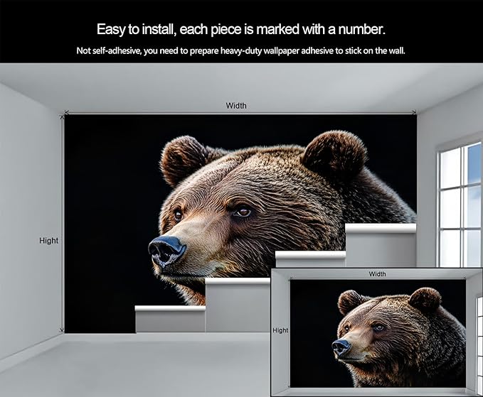 Brown Bear Wall Mural, Bear 3D Wall Murals, Wild Animal Wallpaper Mural, for Living Room Bedroom Large Wallpaper Indoor Decor 137.8" W x100 H